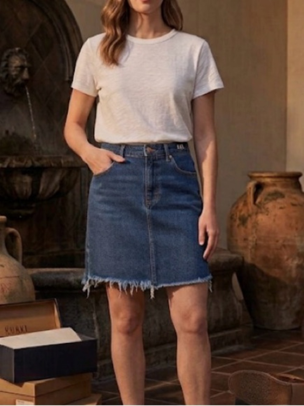 LOFT Blue Denim Frayed-Hem Mini Skirt